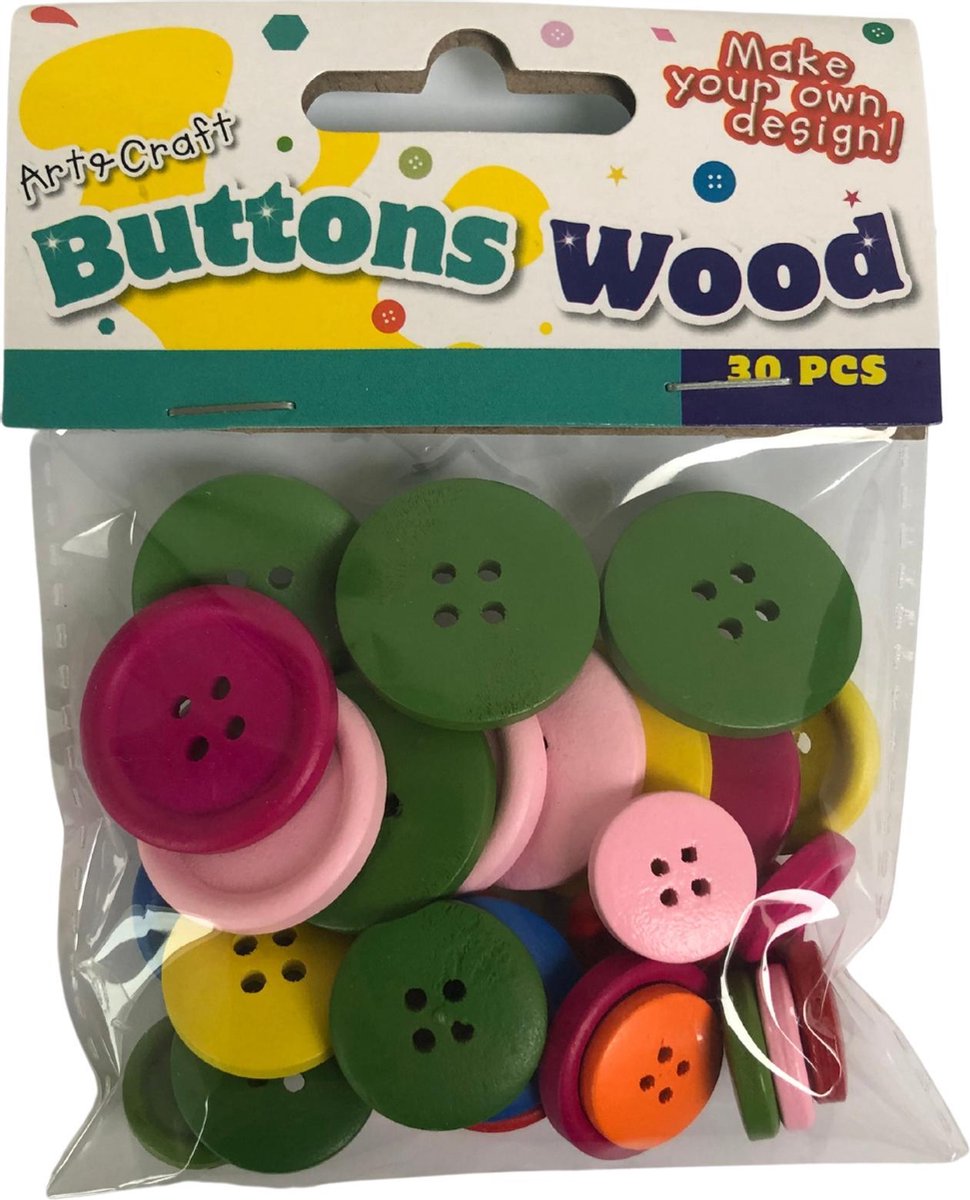 Knopen hout gekleurd 30 Stuks - knutselspullen - decoratie - natuur product - hobby - knutsel - versiering - maken - cadeau