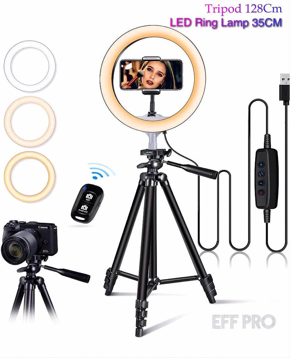Super Tripod Camera Statief 128 Cm Inclusief LED Ring Lamp 35 Cm + Bluetooth Remote Shutter