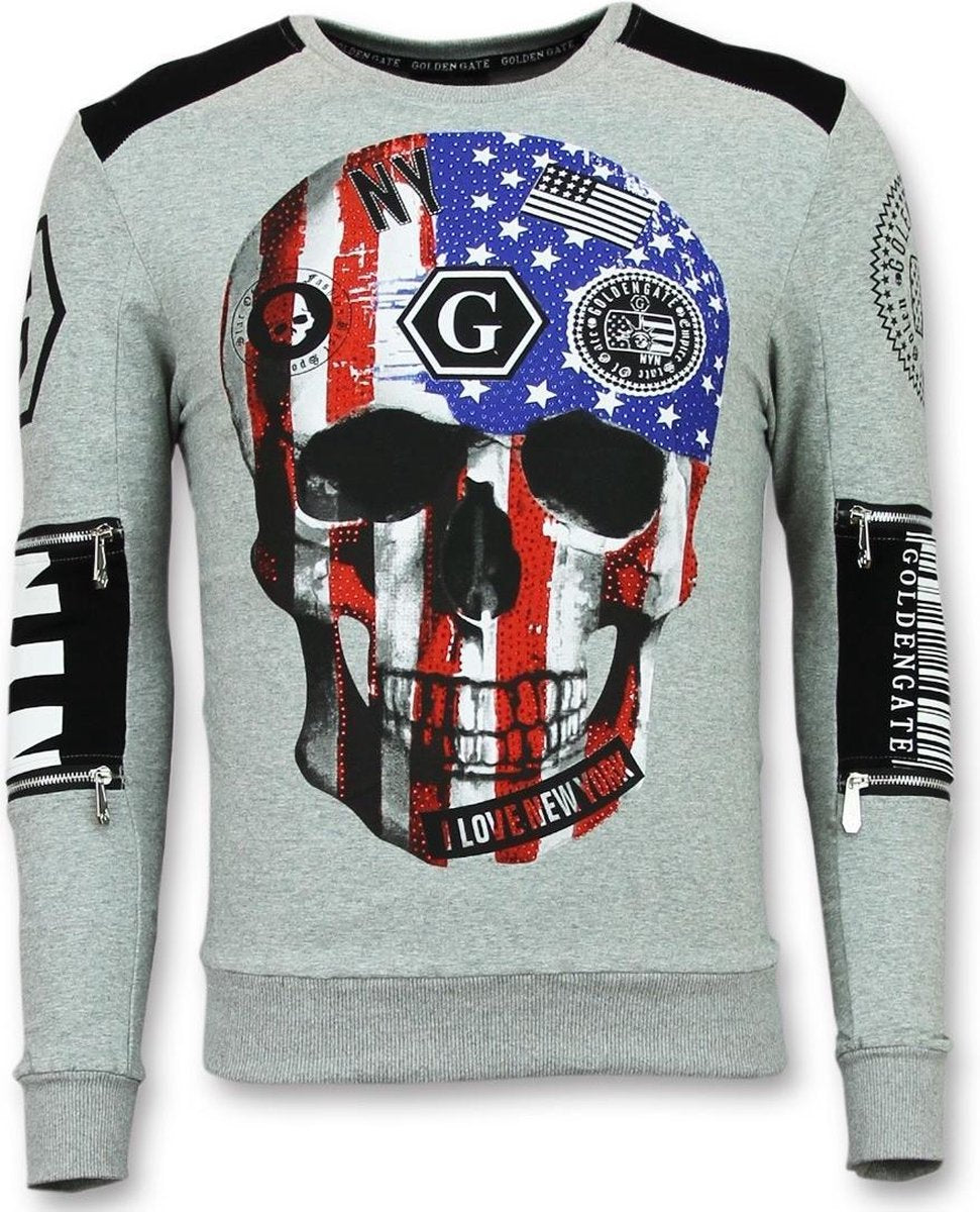 ENOS Trui met Doodskop - Sweaters Heren Goedkoop - Amerikaanse Vlag - Grijs - Maten: XS