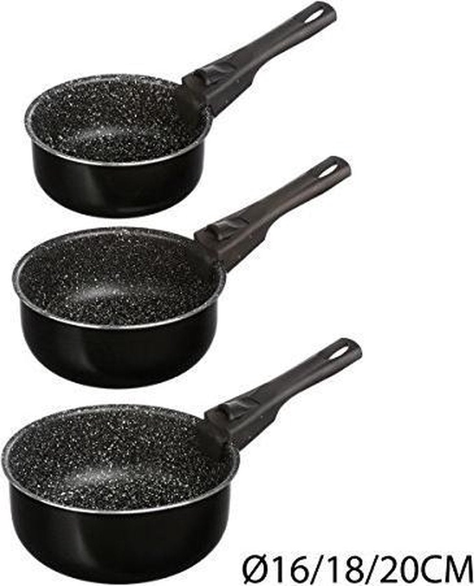 JJA - Set van 3 steelpannen + afneembare stenen handvat - 16/18/20 cm