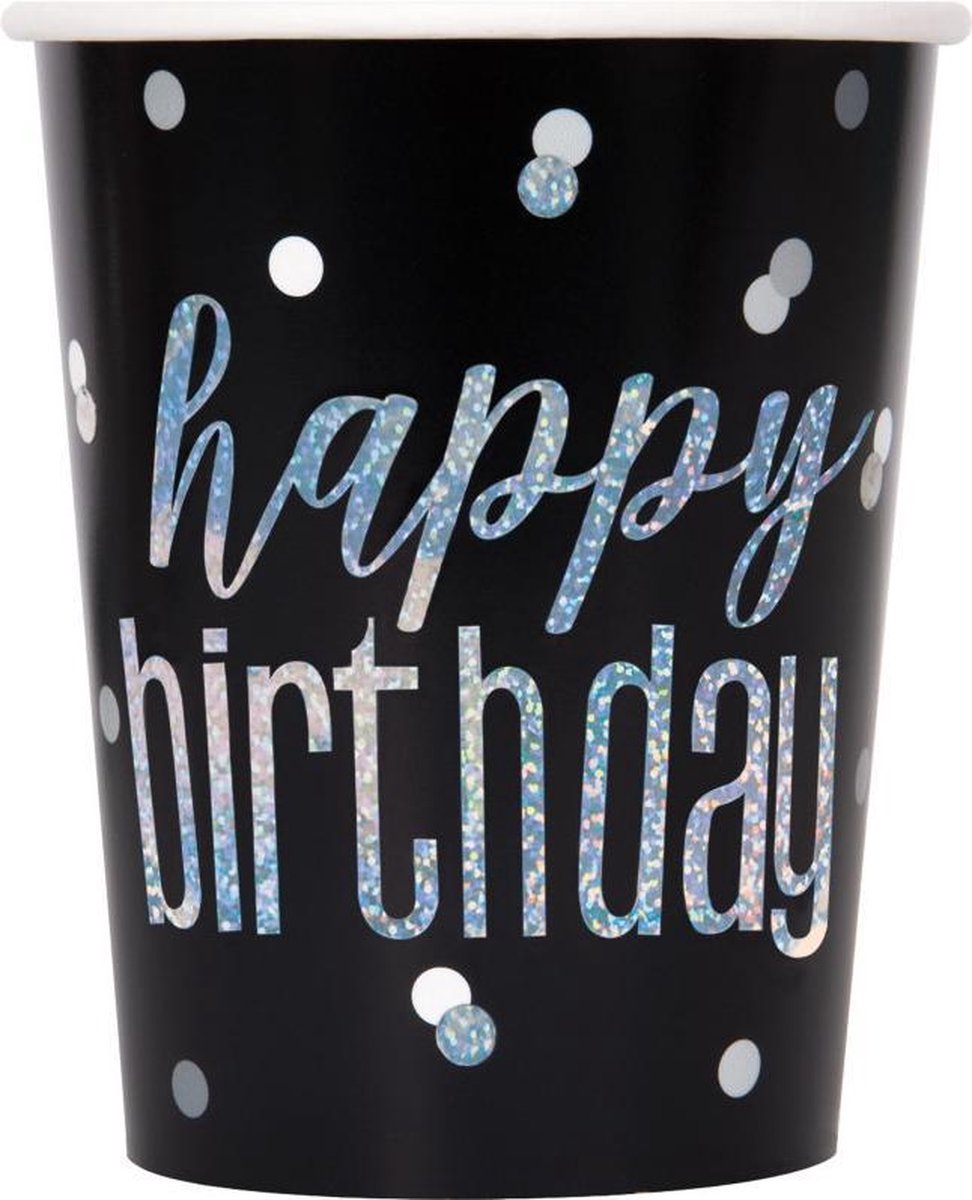 Bekers Happy Birthday 25 Cl Karton Zwart/zilver 8 Stuks