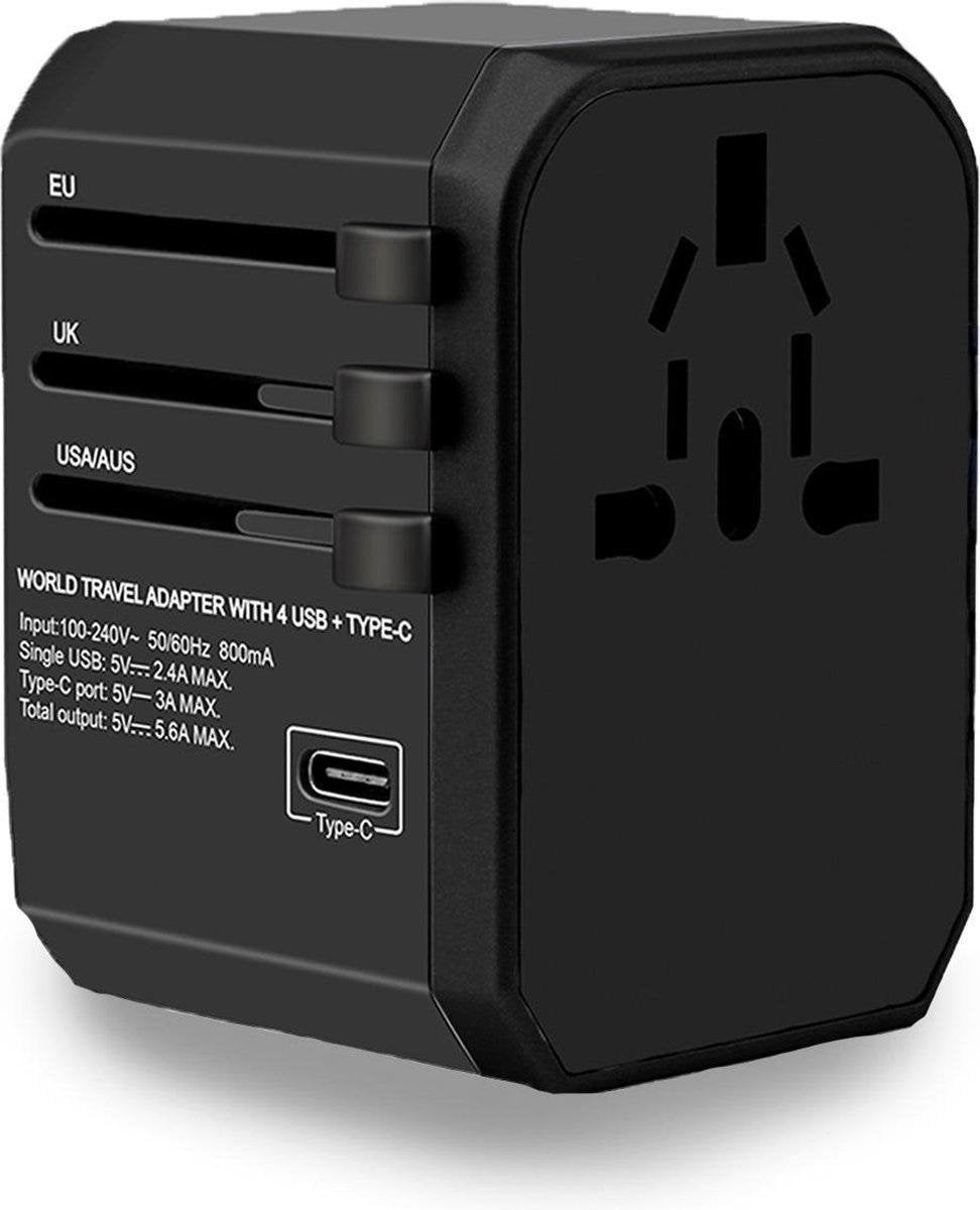 Universele Wereldstekker met USB-C en 4 USB Poorten - 2000 Watt Internationale Reisstekker voor 150+ landen - Amerika (USA) - Engeland (UK) - Australië - Azië - Zuid Amerika - Afrika – Reis Adapter en Oplader – Zwart