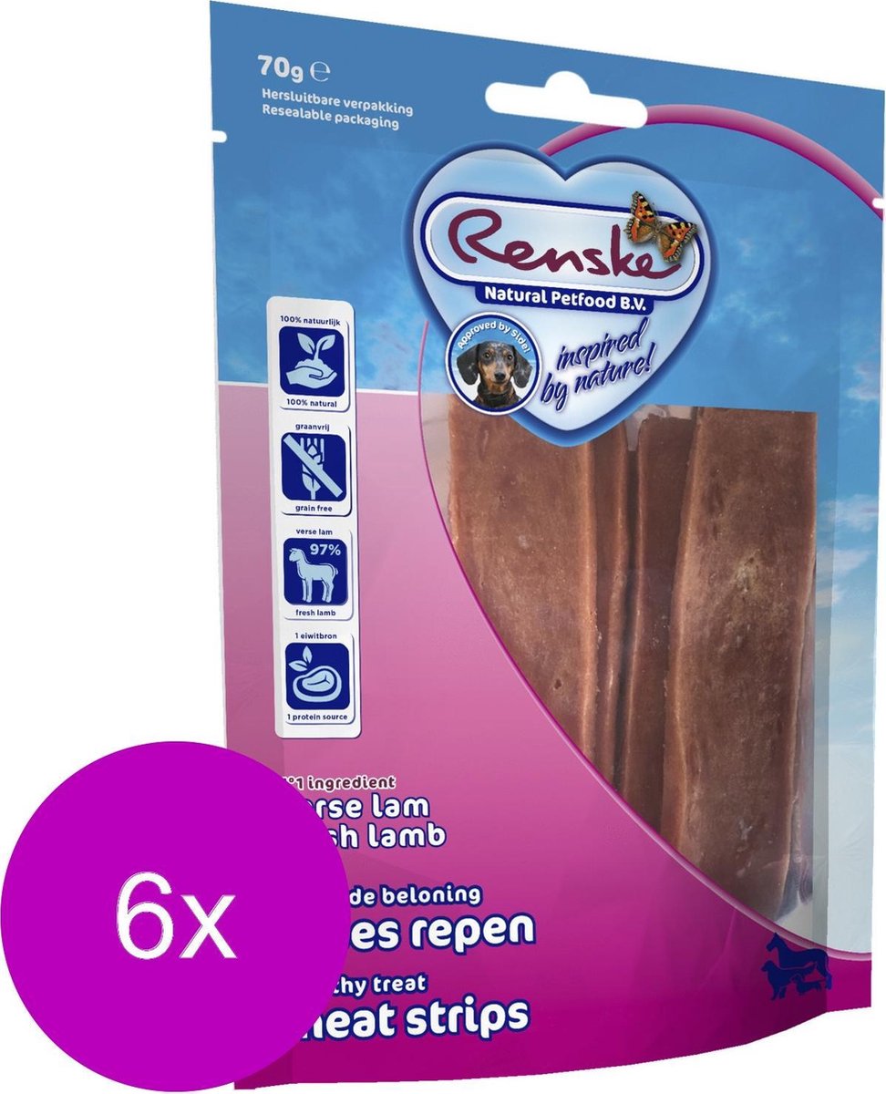 Renske Vleesrepen 70 g - Hondensnacks - 6 x Lam&Groente