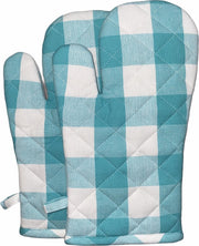 Ovenwanten 2 stuks | 100% Katoen | 30 x 15 CM | Ovenhandschoenen | Hittebestendig | Keuken | Koken | Grip | Turquoise | Wit | Geruit |