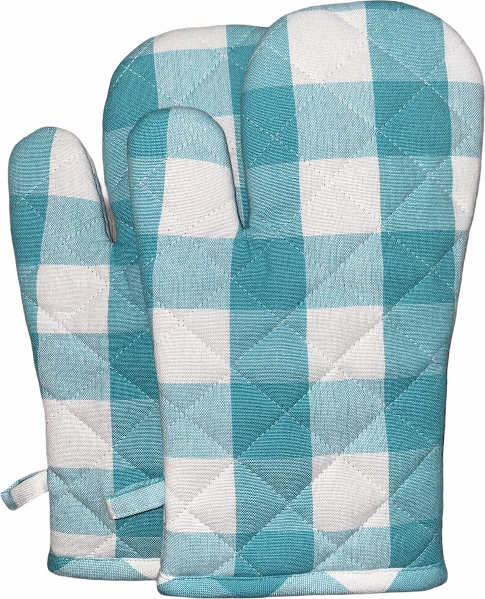 Ovenwanten 2 stuks | 100% Katoen | 30 x 15 CM | Ovenhandschoenen | Hittebestendig | Keuken | Koken | Grip | Turquoise | Wit | Geruit |
