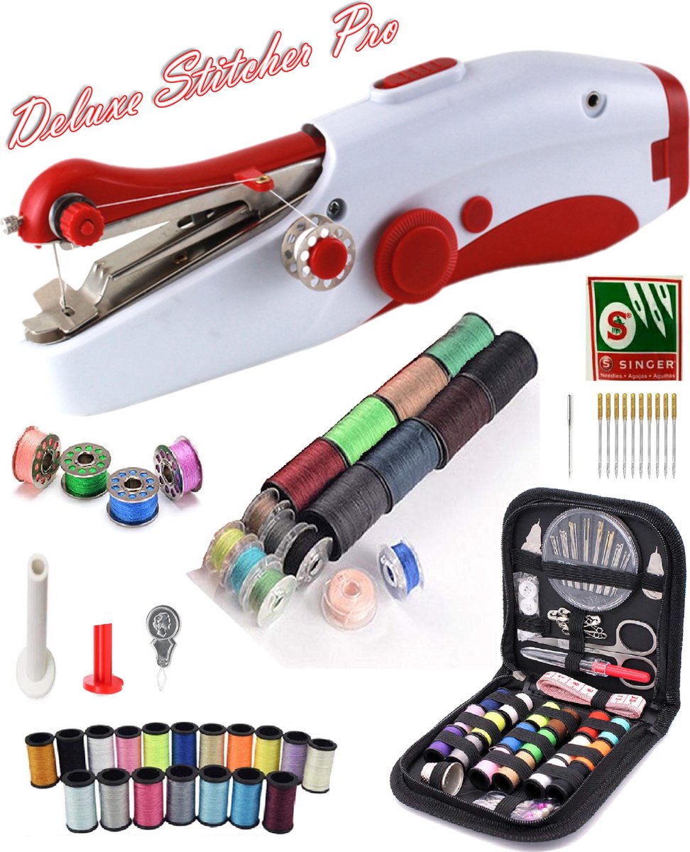 Deluxe Stitcher Pro - PREMIUM Handnaaimachine met 106 Delige Starterskit - Incl 11 extra reserve naalden - Mini naaimachine - Compact - Draadloos - Draagbare Reis Hand Naaimachine - Incl. 38 spoelen met garen - Elektrisch of op Batterijen