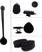 B&P Black velvet bad & douche accessoire set - 9 stuks - zwart  - gezichts- en lichaamsborstels kunststof -