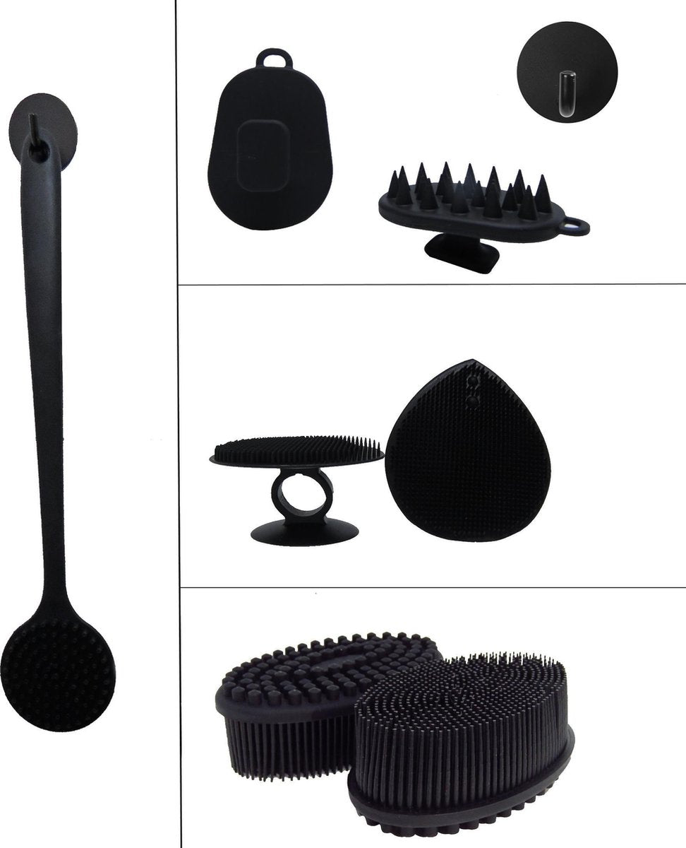 B&P Black velvet bad & douche accessoire set - 9 stuks - zwart  - gezichts- en lichaamsborstels kunststof -