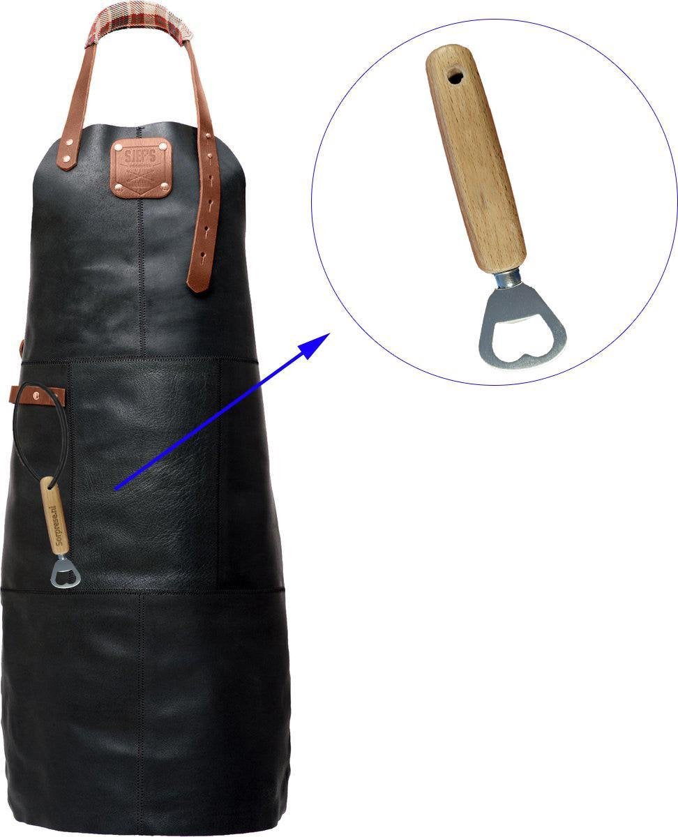 Sorprese Premium – bbq schort – zwart-bruin ruit – bbq schort mannen – 100% premium leder – inclusief flessenopener - bbq schort leer man