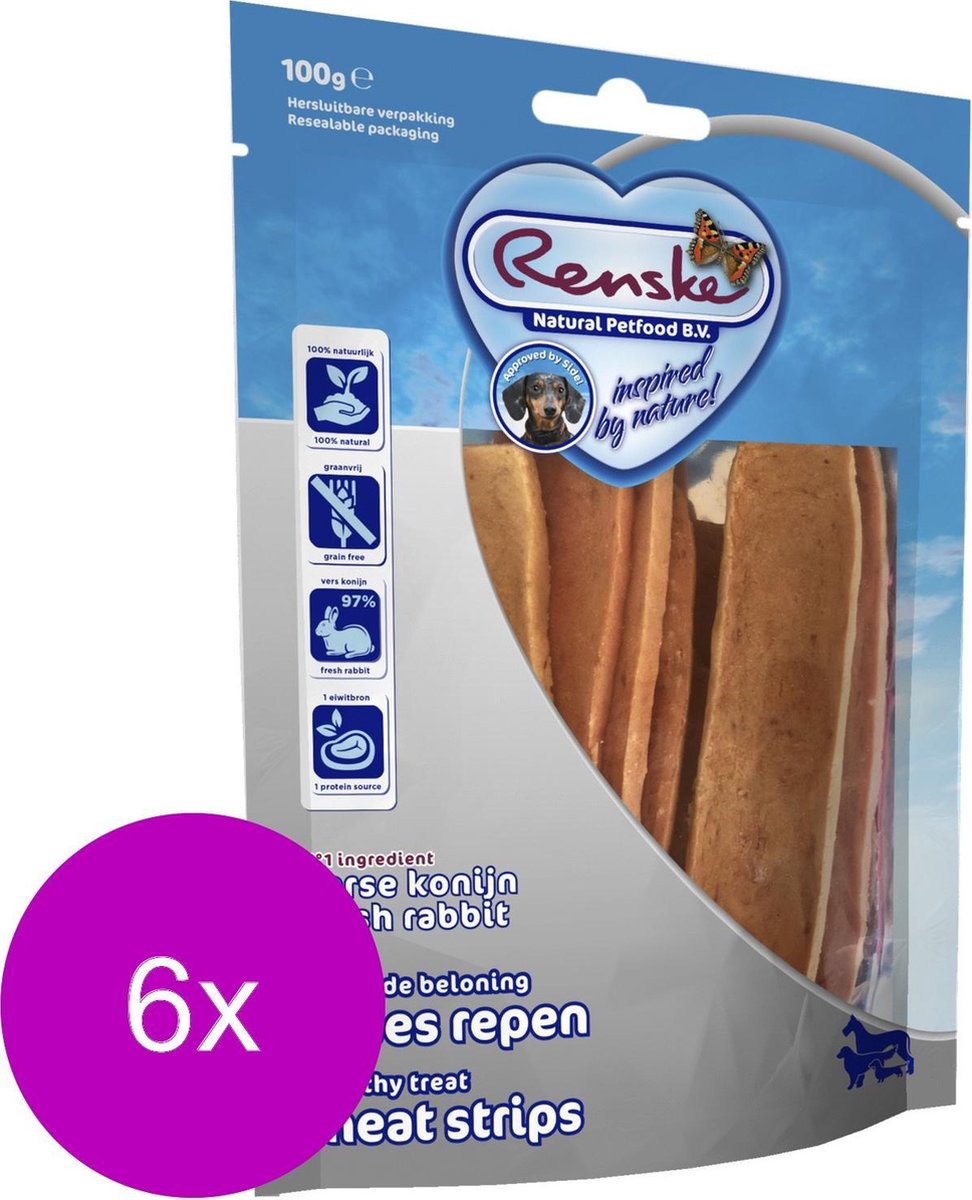 Renske Vleesrepen 100 g - Hondensnacks - 6 x Konijn&Groente