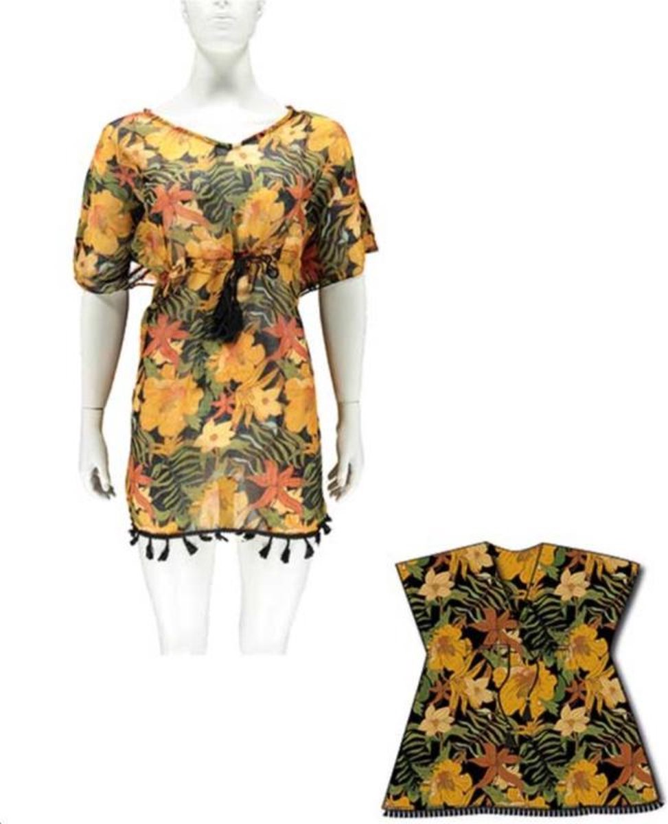 Overtop Dames Beach Zomerjurkje Kaftan Flowers Okergeel