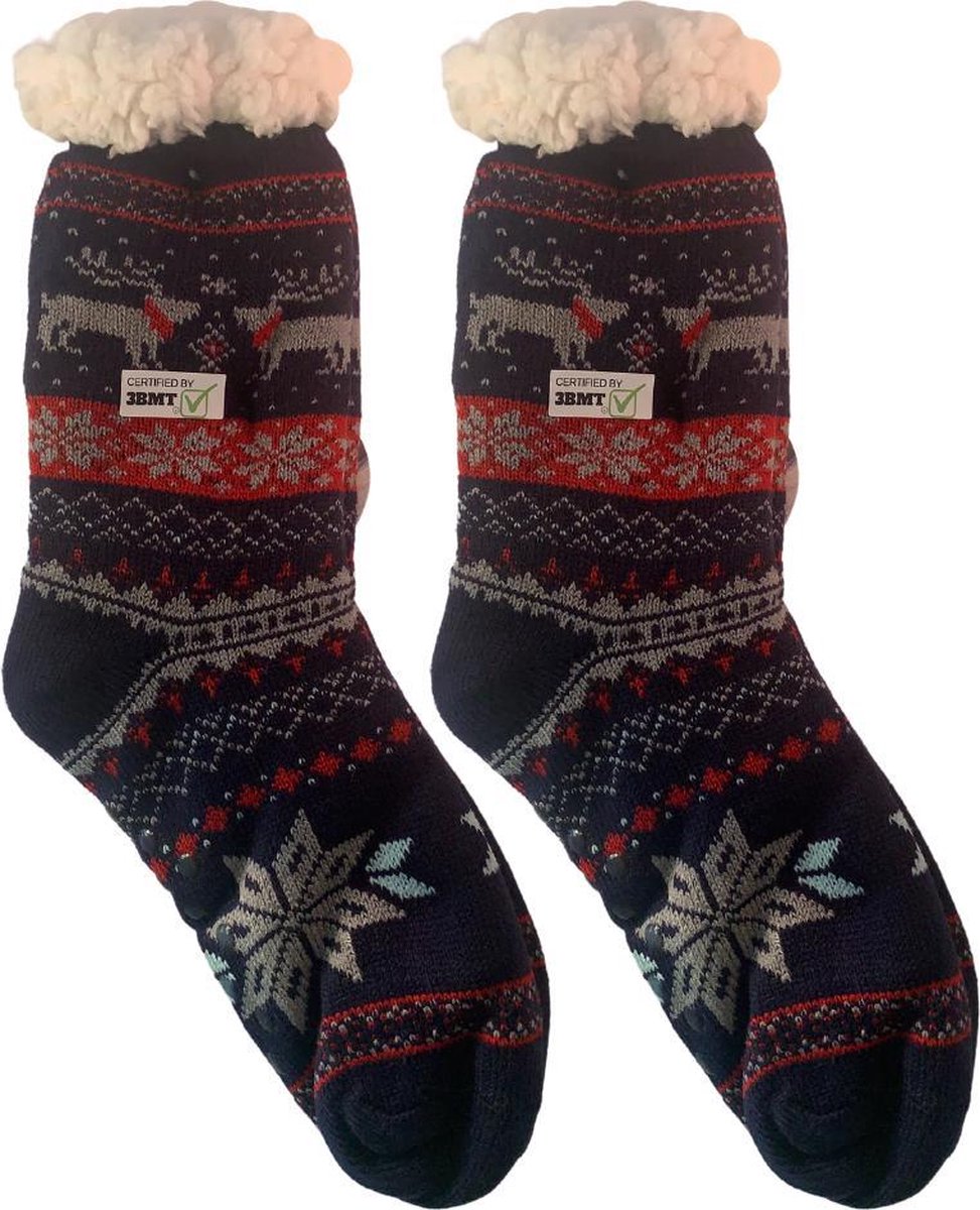 3BMT - huissokken dames blauw - warm voor de winter - maat 37-42 - met anti-slip