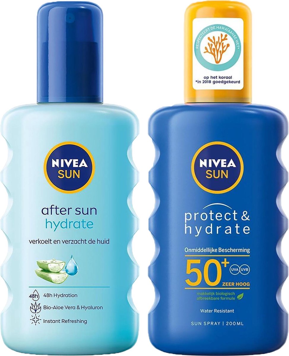 Nivea Sun spray factor 50+ 200ml en Aftersun spray 200ml hydraterend - Ocean Respect