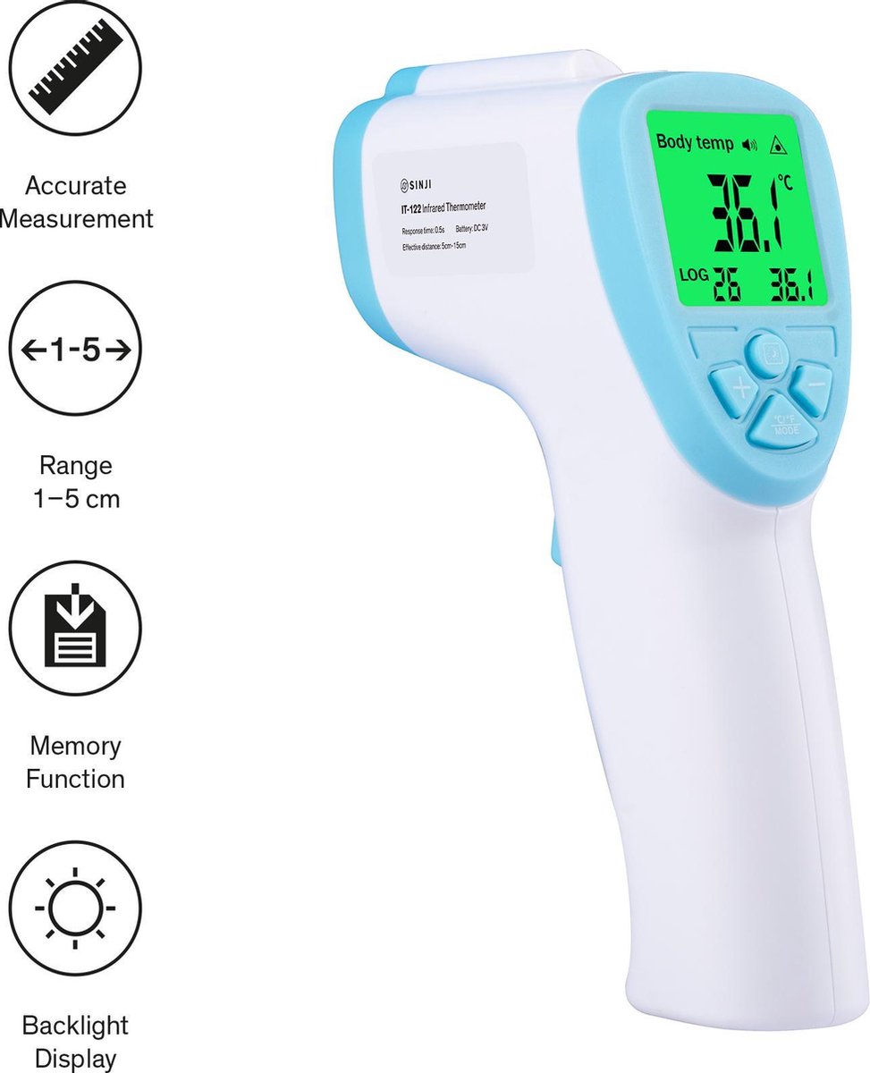 SINJI Infrarood Thermometer - CE gecertificeerd  - Meet lichaamstemperatuur contactloos  - Voorhoofd  - Hygiënisch  - LCD Display