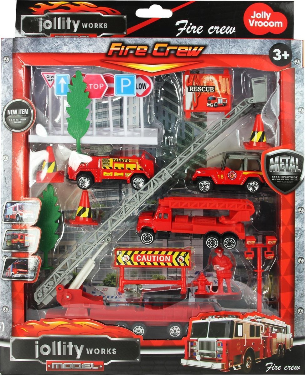 JollyVrooom - Brandweer Speelset - Die cast - Helikopter - Vrachtwagen - Auto - Verkeersborden