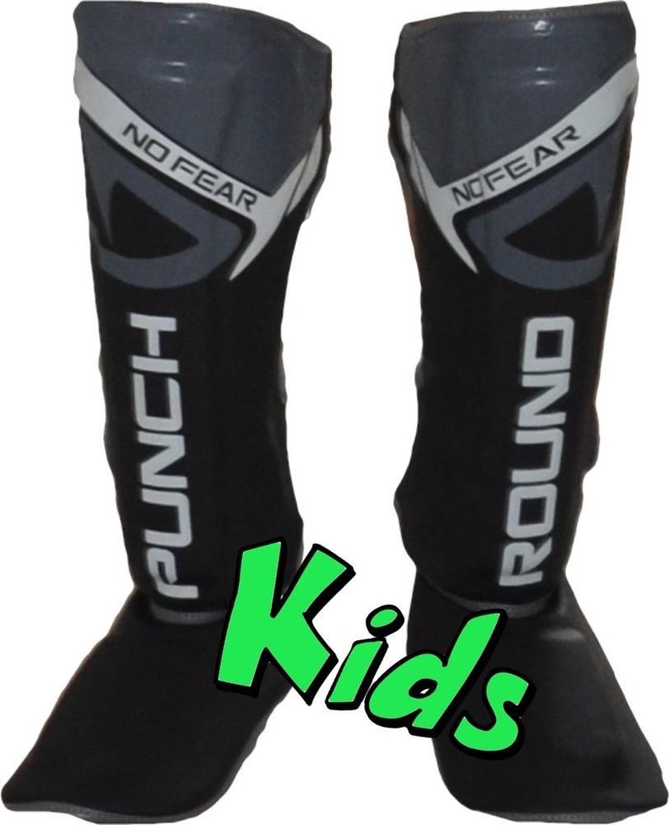 Punch Round Kids NoFear Kickboks Scheenbeschermers Zwart Grijs Kies uw maat: Kids - 10 Jaar