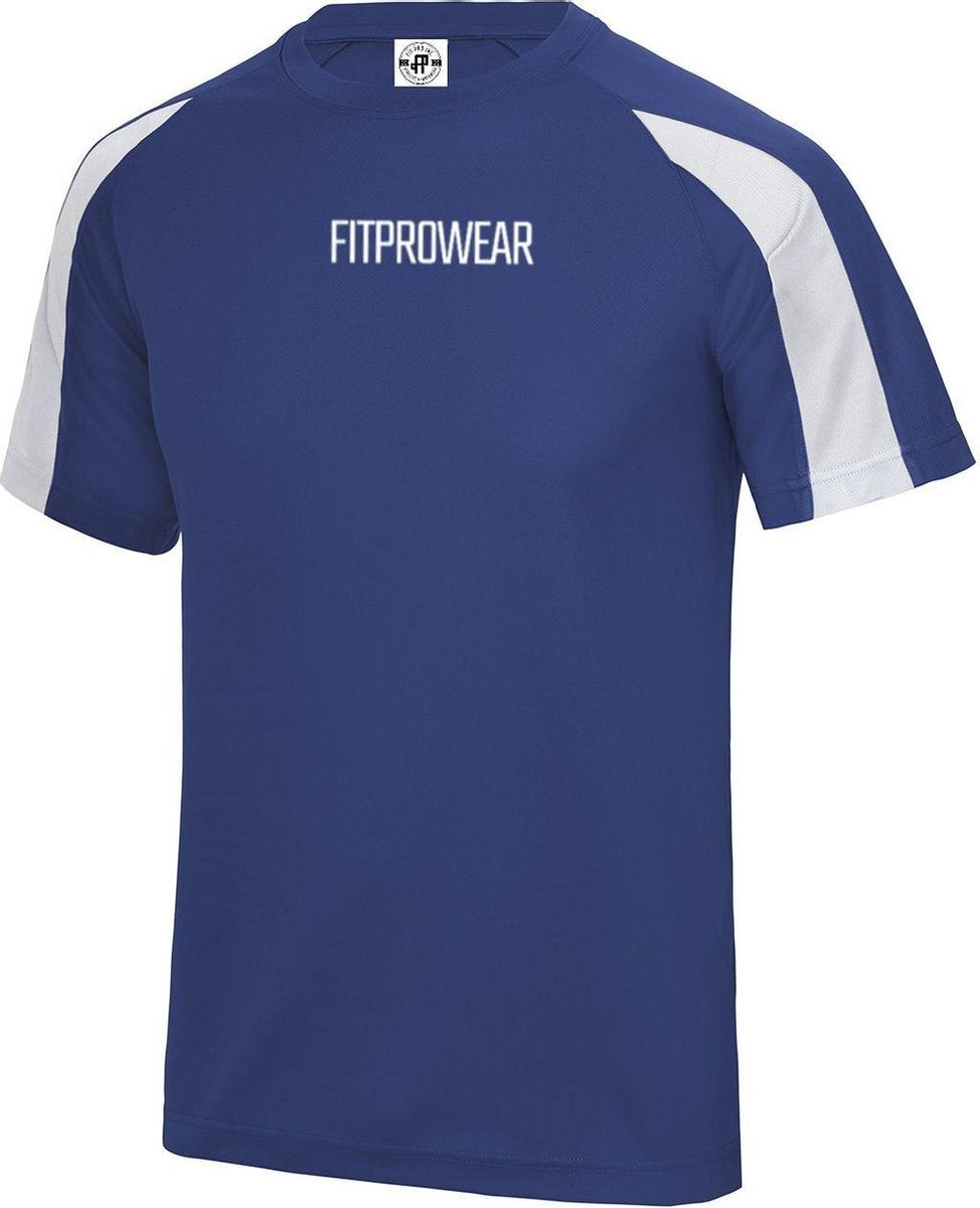 FitProWear Contrast Sportshirt Heren Blauw/Wit - Maat L - Sportshirt - T-Shirt - Sportkleding - Sportshirt korte mouwen - Sportshirt Polyester - Heren Shirt