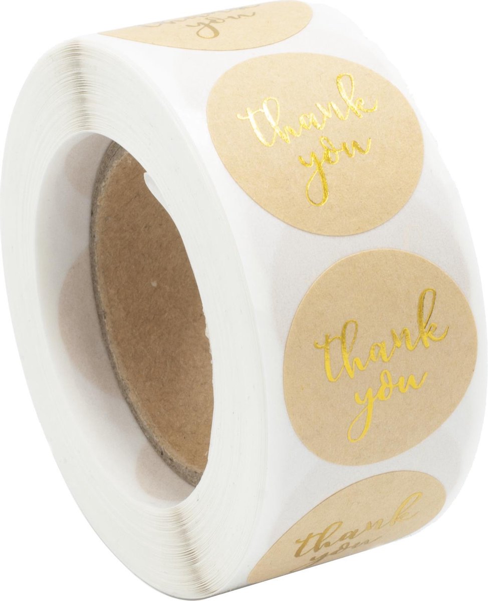 PrimeAmbition Thank You Stickers - 500 Stuks op Rol – Bruin Goudkleurig - Rond – 2.5 x 2.5 cm – Bedankt - Sluitsticker - Sluitzegel