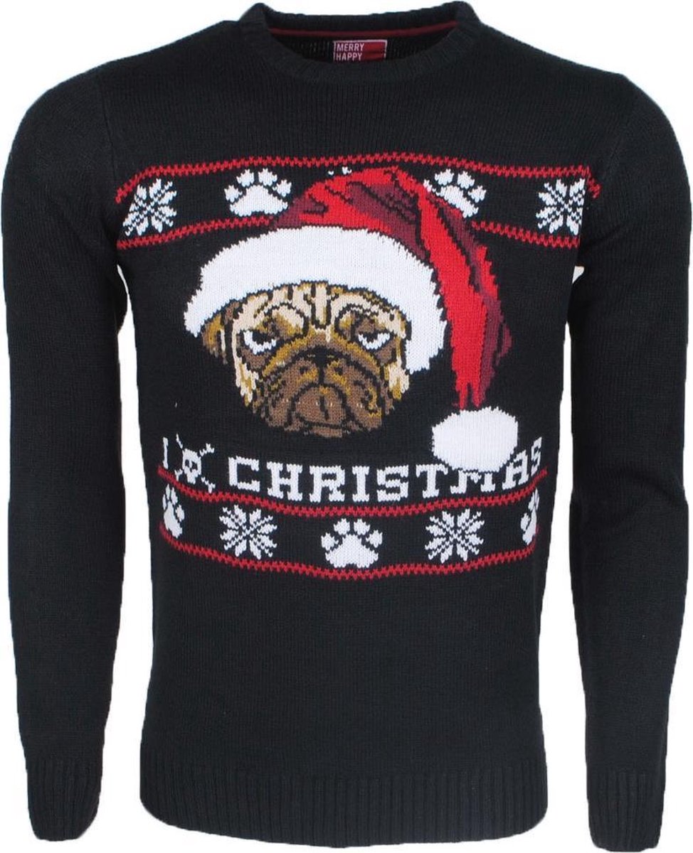 Unisex Kersttrui - Fijn Gebreid - Sochristmas - Bulldog - Zwart