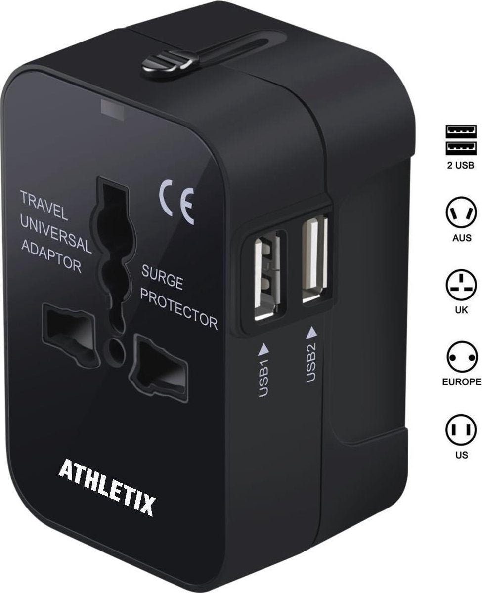 Athletix - Wereldstekker met 2 USB Poorten – Reisstekker voor 160+ landen – Zwart