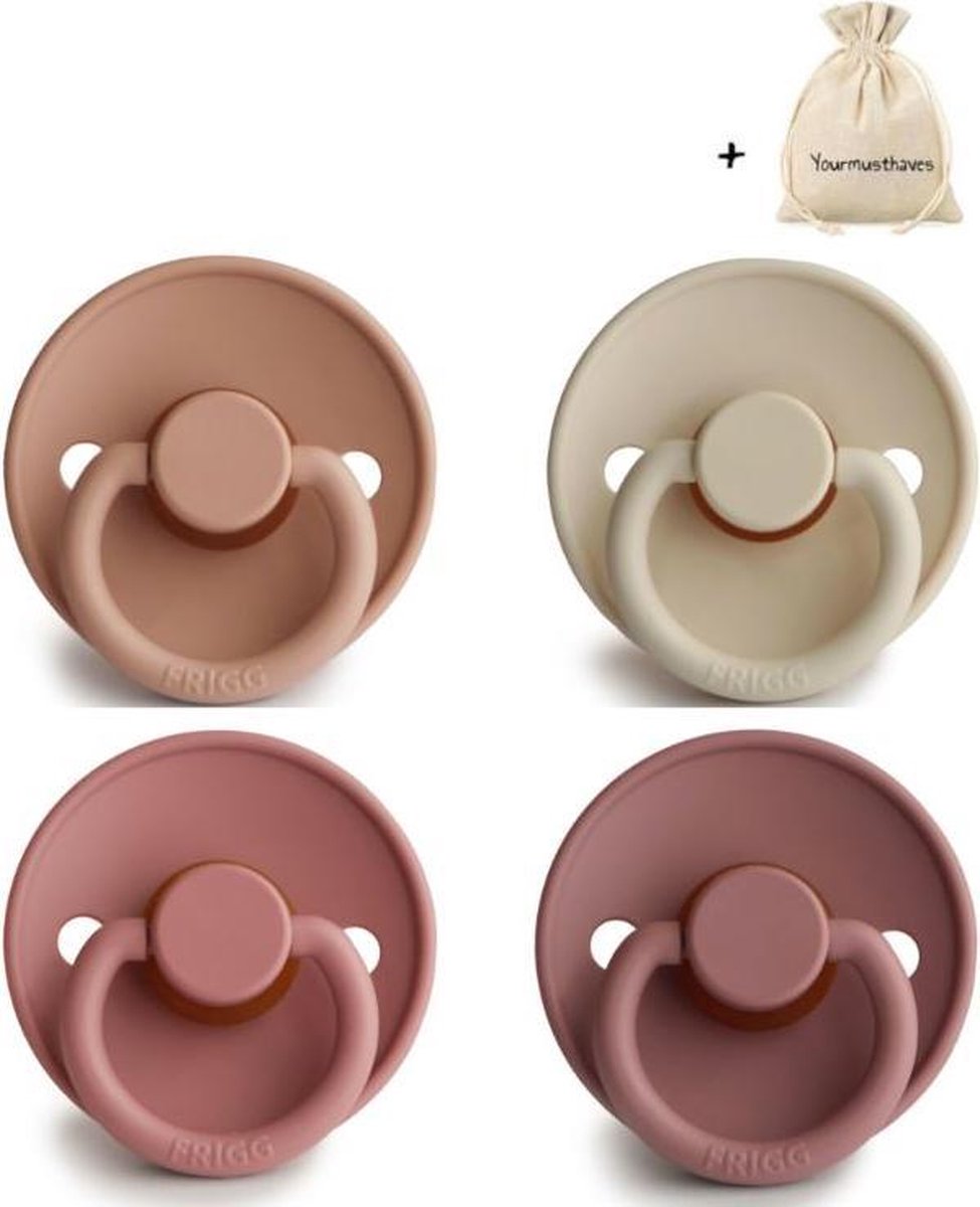 FRIGG | Fopspeen set 4 stuks | T2 | 6-18 maanden | Classic | Natuurrubber | Rose Gold + Sandstone + Powder Blush + Woodchuck | Met YOURMUSTHAVES speenzakje