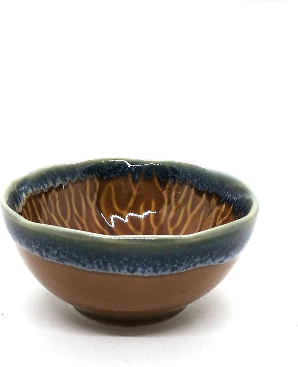 Schaaltjes - Serveerschaaltjes - Tapasschaaltjes rond - Snackschaaltjes Keramiek - Bruin Blauw 8 cm (4 stuks)
