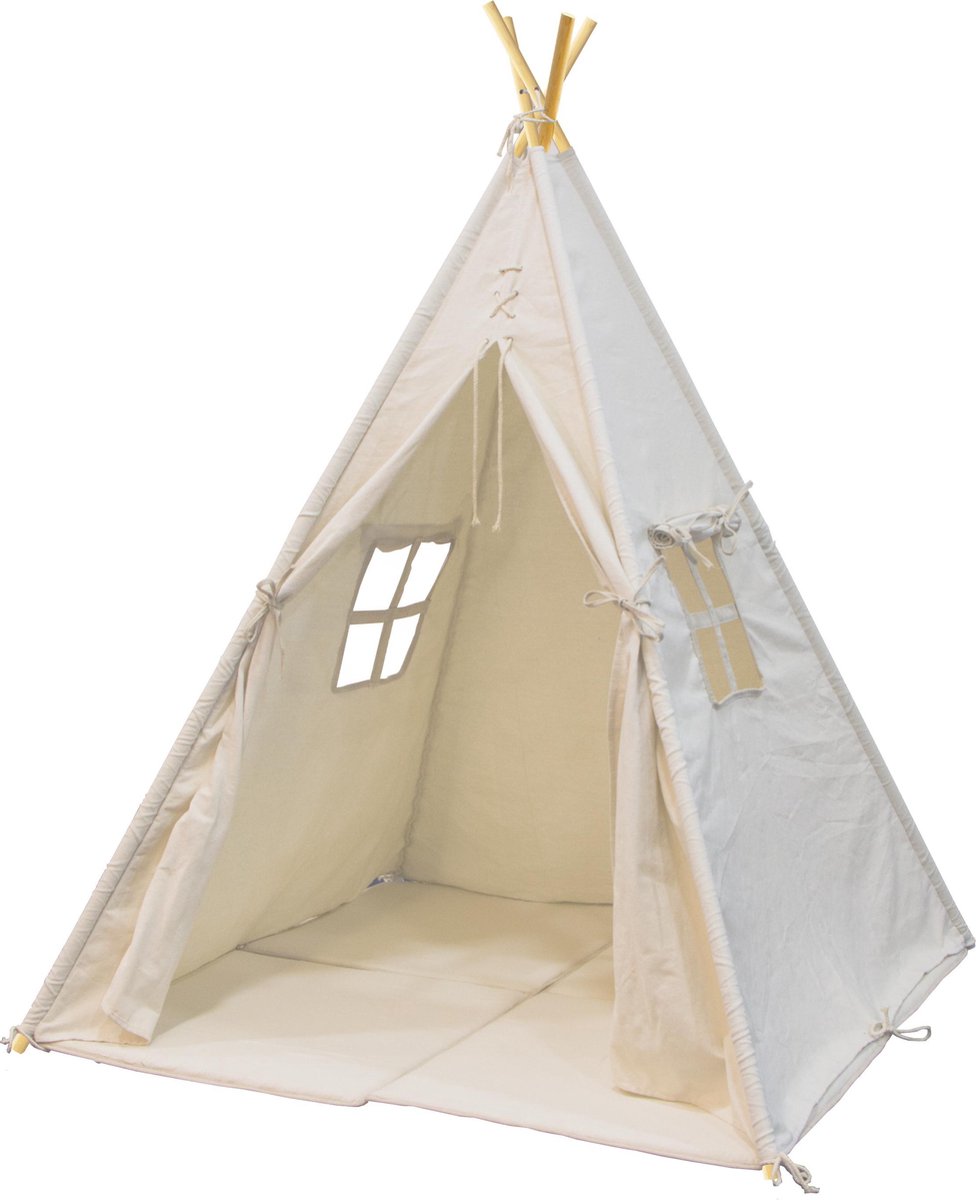 Sunny Alba Tipi Tent Crème - Wigwam Speeltent met ramen - 120x120x160cm - met Kussen kleed