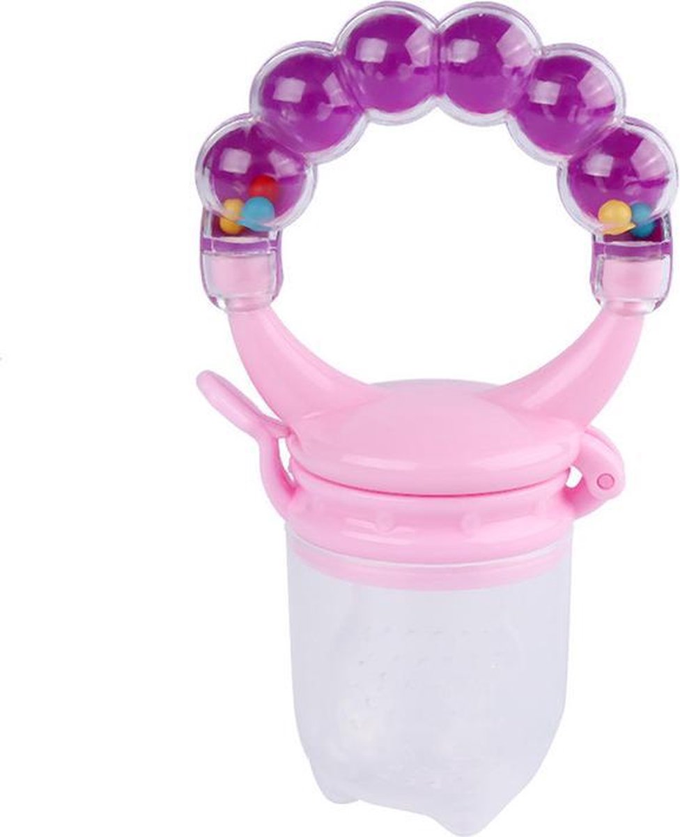 Fruitspeen met rammelaar roze/paars - 3-6 maanden - fruit speen