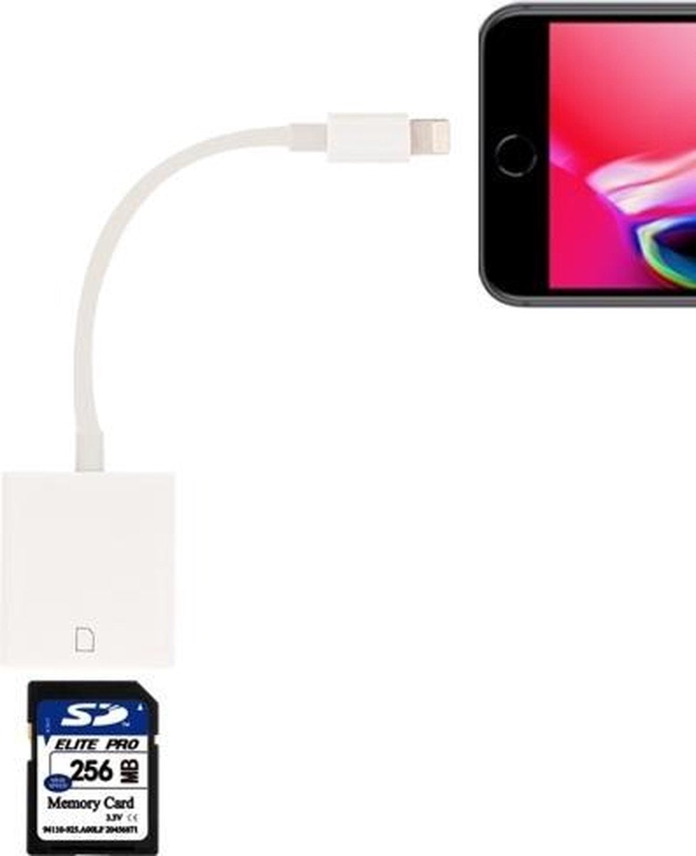 Premium SD kaart lezer adapter voor iPhone en iPad kabel Wit / White 11cm (8-pin)