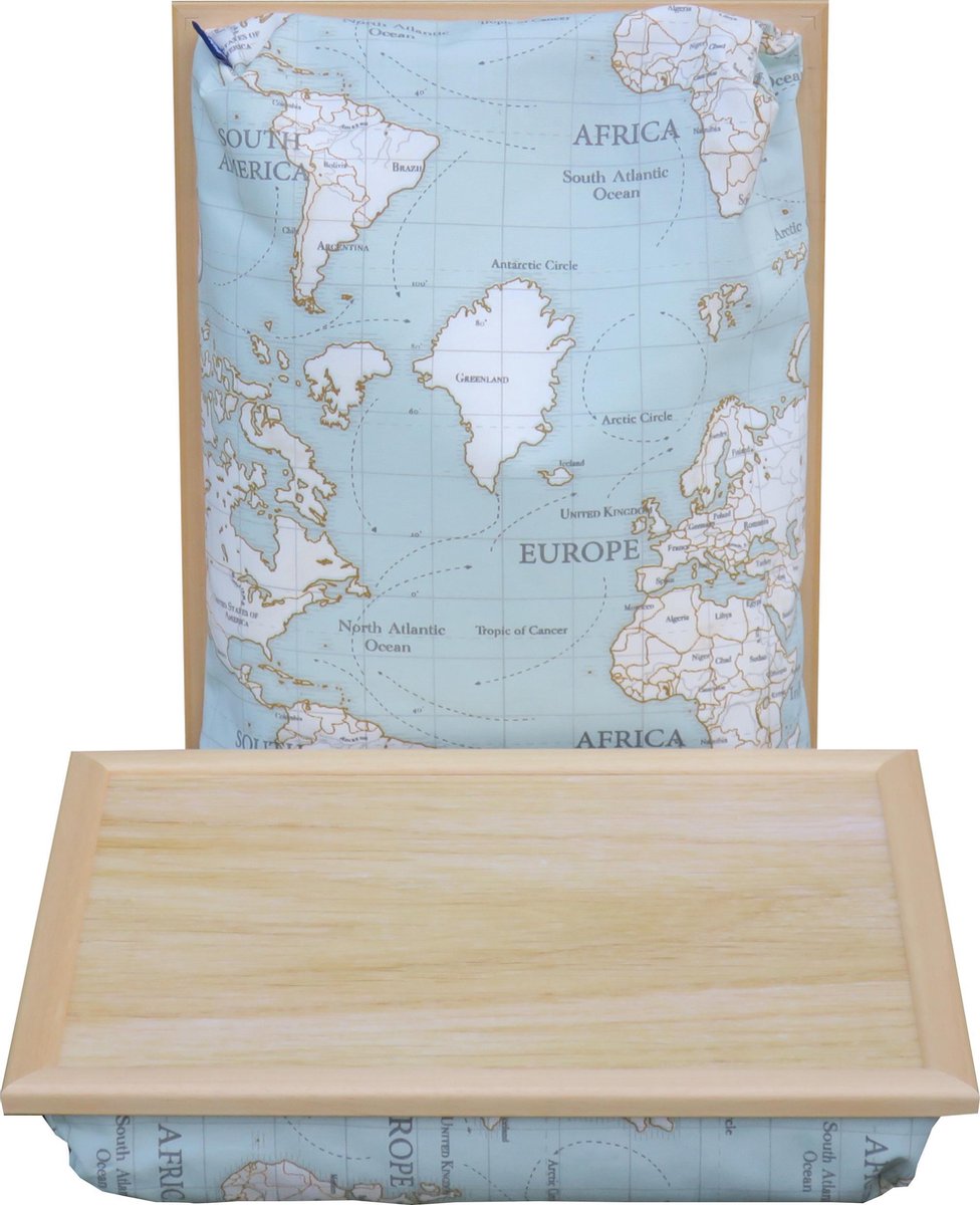 Laptray - Schoottafel - Schootkussen - Laptoptafel - Dienblad met kussen Wereldkaart licht hout
