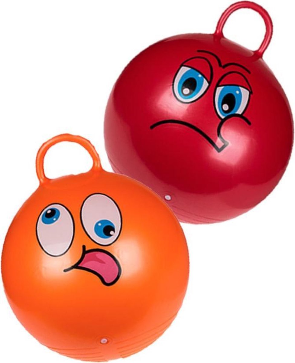 2x stuks skippyballen smiley voor kinderen rood en oranje 45 cm - Zomer buiten speelgoed