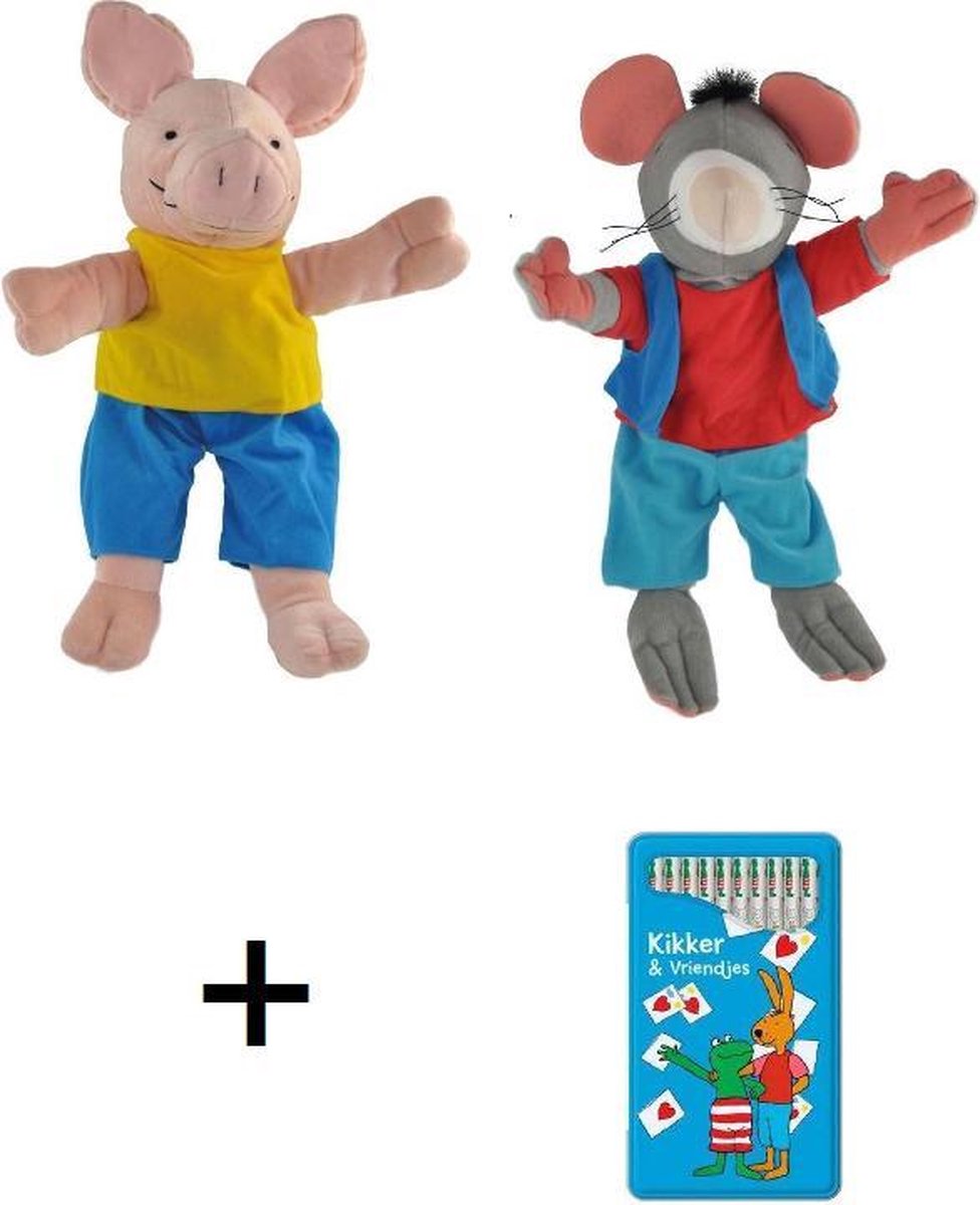 Kikker en zijn vriendjes - handpoppen set - rat en varken 40 cm - met 12 kleurpotloden  - dieren - knuffel - poppenkast -