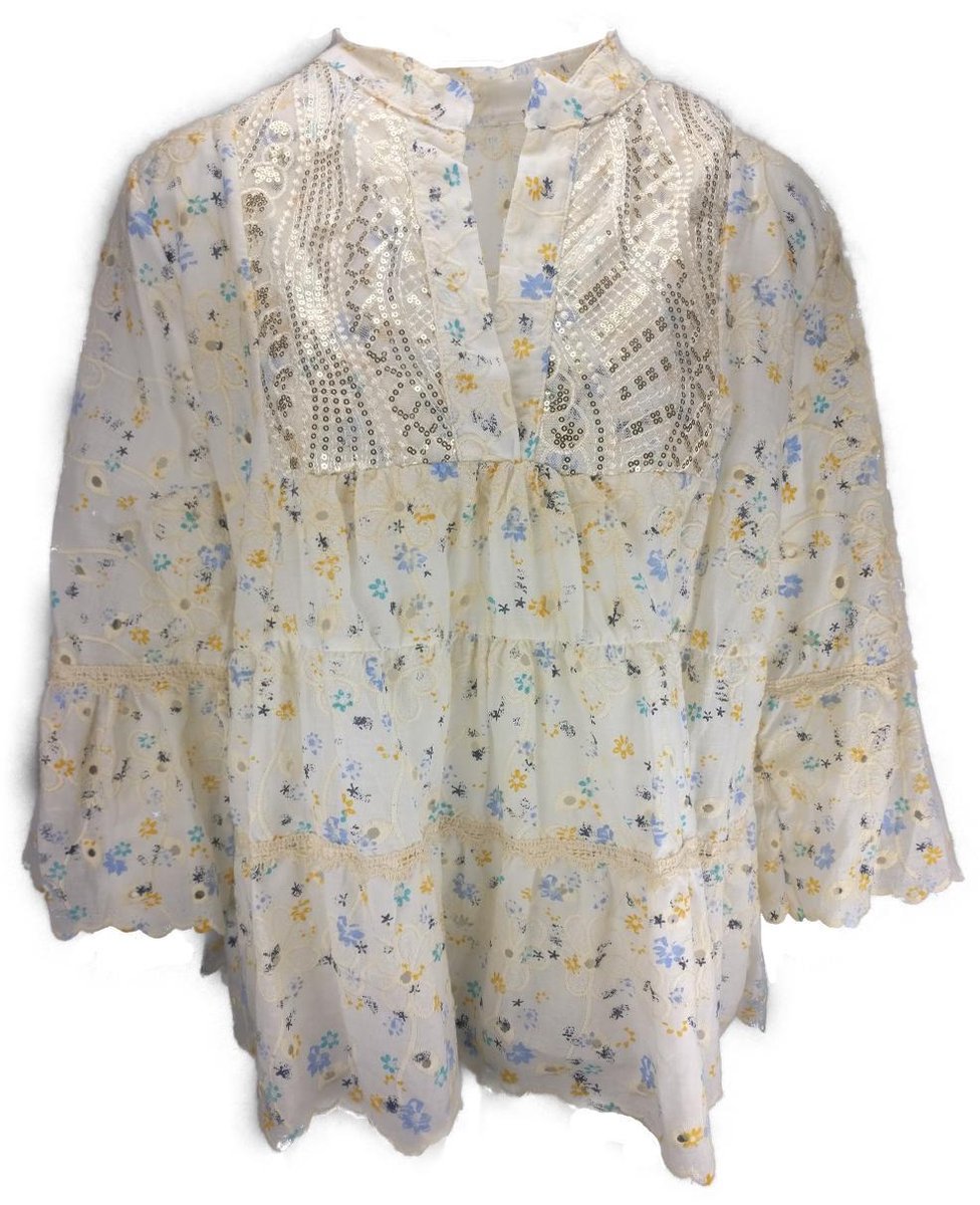Blouse - katoenen broderie  met pailletjes en lief bloemenprintje - Maat 36-40