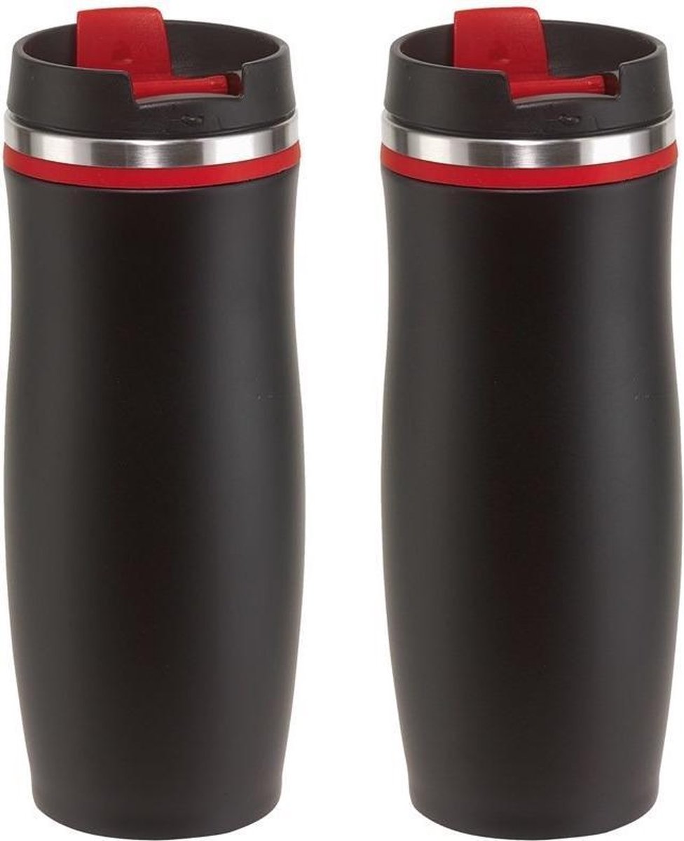 Set van 3x stuks RVS Warmhoudbeker/warm houd beker zwart/rood 400 ml - Isoleerbeker/thermosbekers - Dubbelwandig