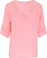 Cassis - Linnen blouse met geborduurd detail - Koraal