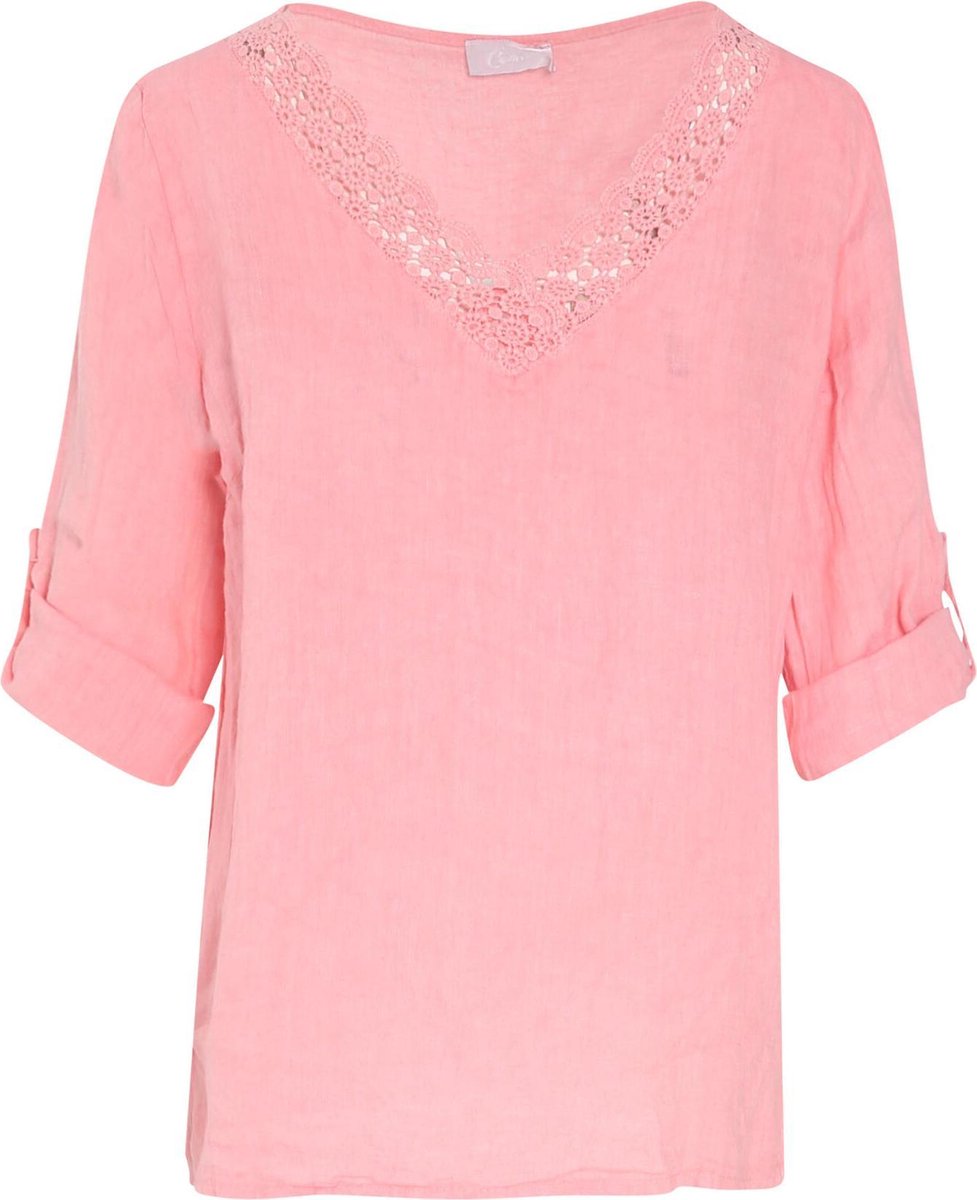 Cassis - Linnen blouse met geborduurd detail - Koraal