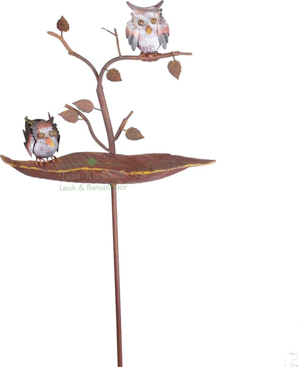 Vogelbadje Getooid met twee Uiltjes - Tuinsteker - Tuinprikker - Tuinpendel - waterschaal - waterschaaltje