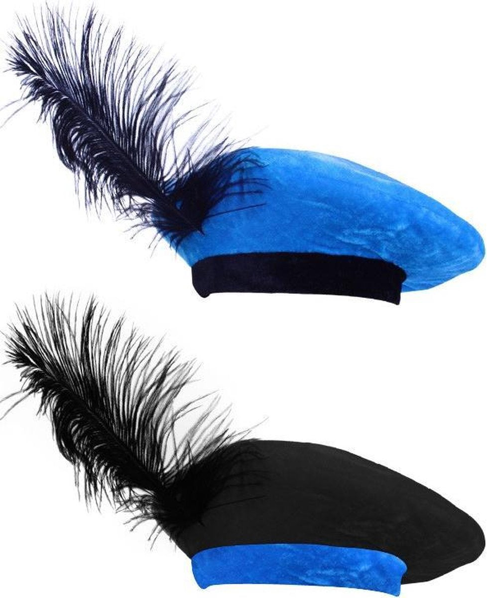 Luxe Piet kinder muts met veer - zwart met blauw - struisvogelveer pietenmuts kinderen festival