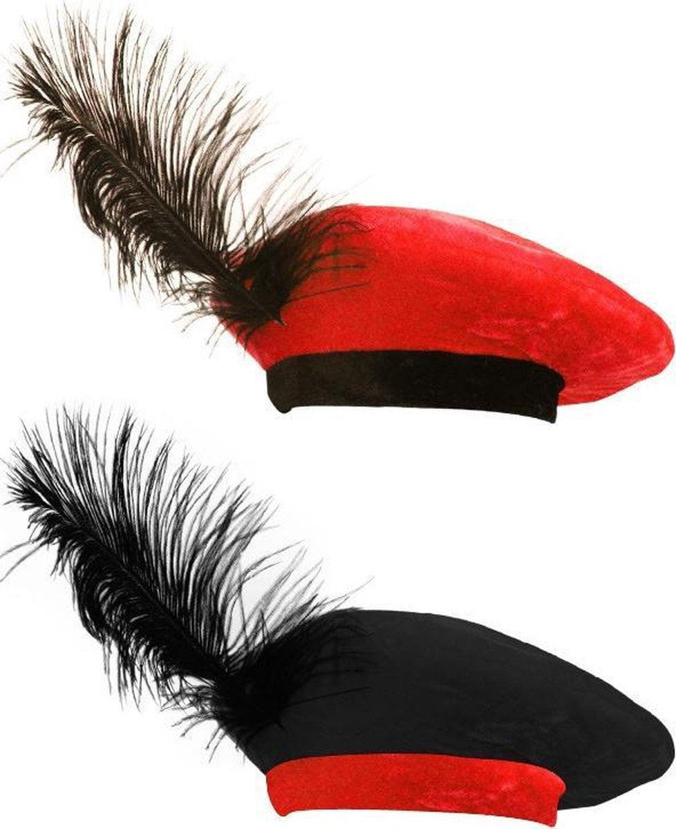 Luxe Piet kinder muts met veer - rood met zwart - struisvogelveer pietenmutsje kindermuts festival