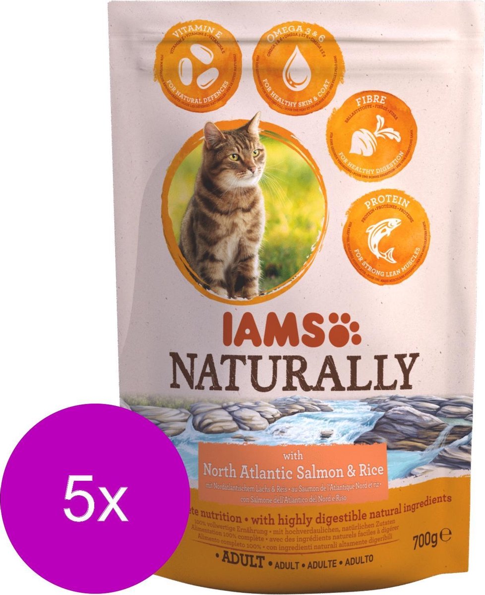 5x Iams Naturally Kat Adult North Atlantic Zalm & Rijst 700 gr