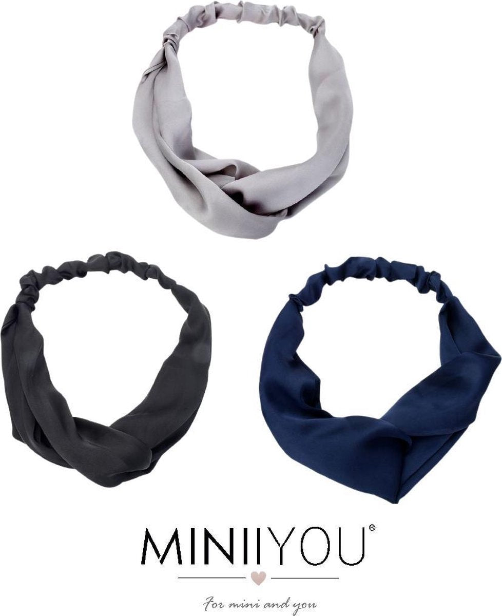 Set 3 stuks Zijdezachte Dames twist haarbanden zwart navy grijs - tieners meiden satijnen hoofdbanden
