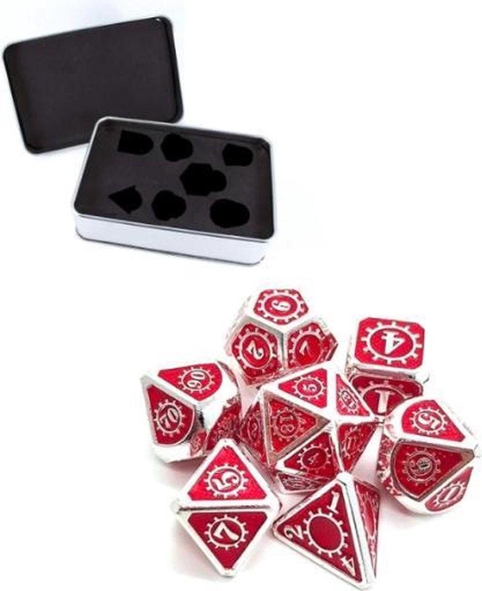 Metal Polydice set Steampunk - Metalen Polyhedral dobbelstenen set 8 delig | Set van 7 dice in metalen doosje / metal case | dungeons and dragons dice | D&D Pathfinder RPG DnD | Zilver - Rood (Metaal)