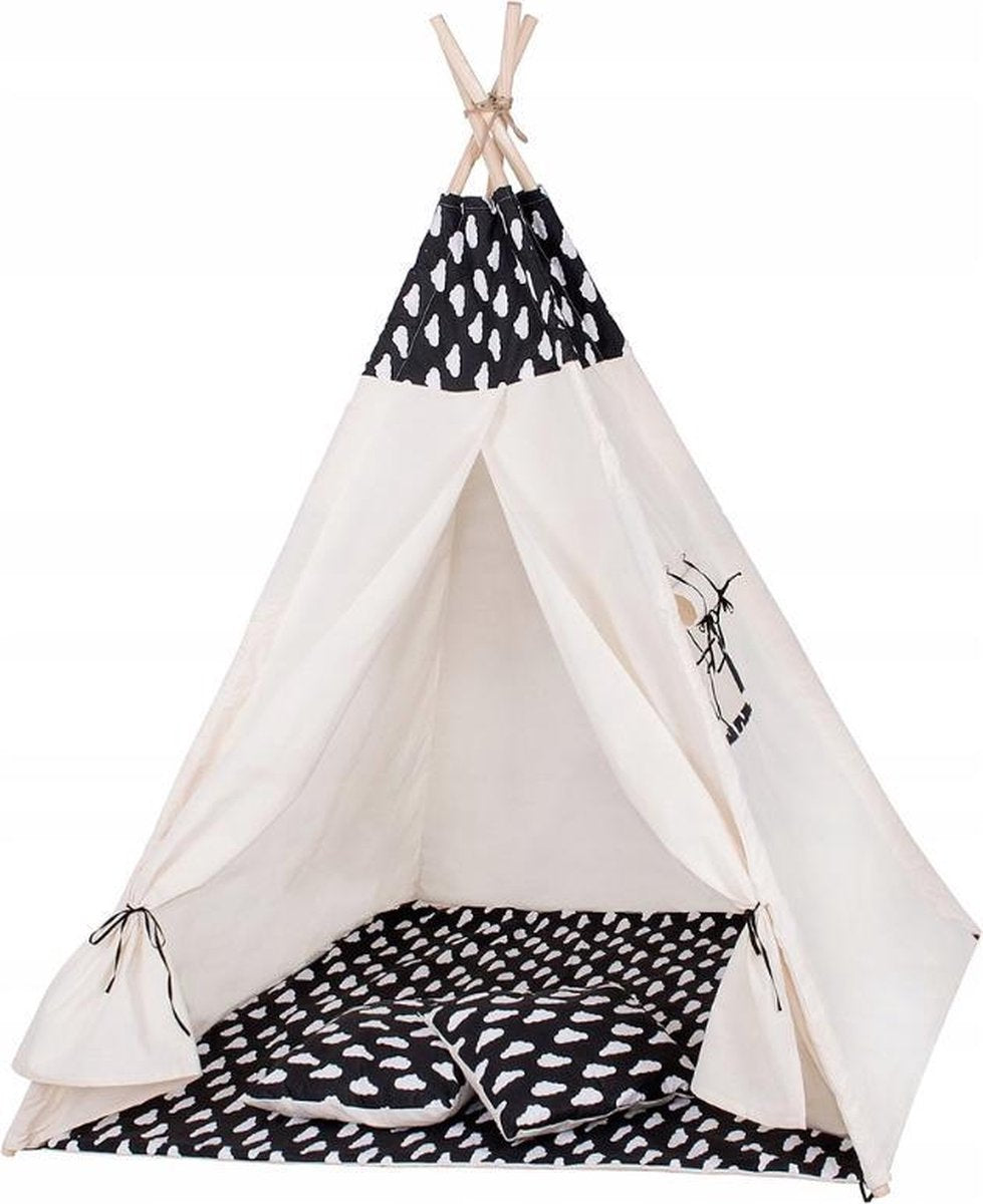 Springos Tipi Tent | Wigwam Speeltent | 120x100x180 cm | Met Mat en Kussens | Naturel Zwart | Wolken