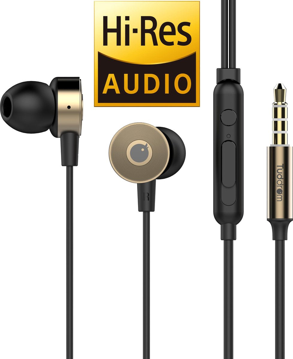 Tuddrom R4 Goud - Hi-Res Metalen In Ear Oordopjes met Microfoon - Titanium High Quality Dynamic Drivers - 2 Jaar Garantie