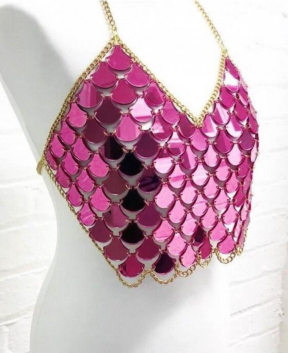 Spiegel top roze mermaid schubben zeemeermin - one size - spiegeltjes disco spiegeltop sexy
