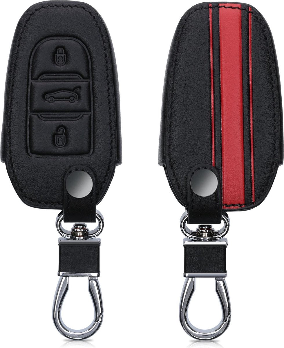 kwmobile autosleutelhoes voor Peugeot Citroen 3-knops Smartkey autosleutel (alleen Keyless Go) - Hoesje van imitatieleer in rood / zwart - Rallystrepen design