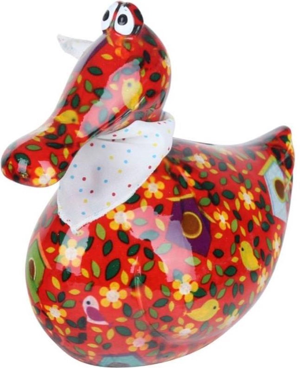 Pomme Pidou spaarpot eend Anna - Rood met bloemen en vogelhuisjes