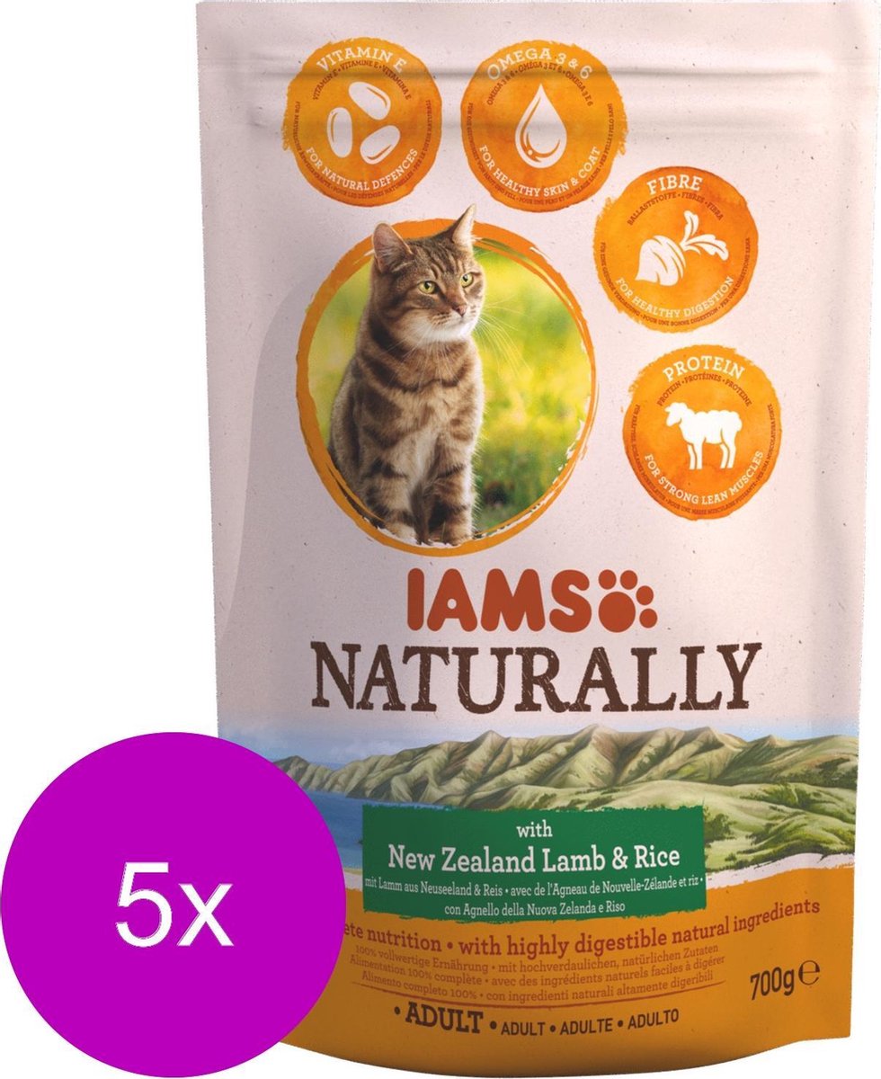 5x Iams Naturally Kat Adult New Sealand Lam & Rijst 700 gr