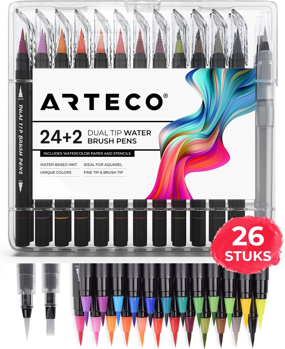 ARTECO® 24 Penseelstiften + 2 Water Brush Pennen Set - Inclusief Aquarel Papier en Sjablonen - Brushlettering – Penseelpen