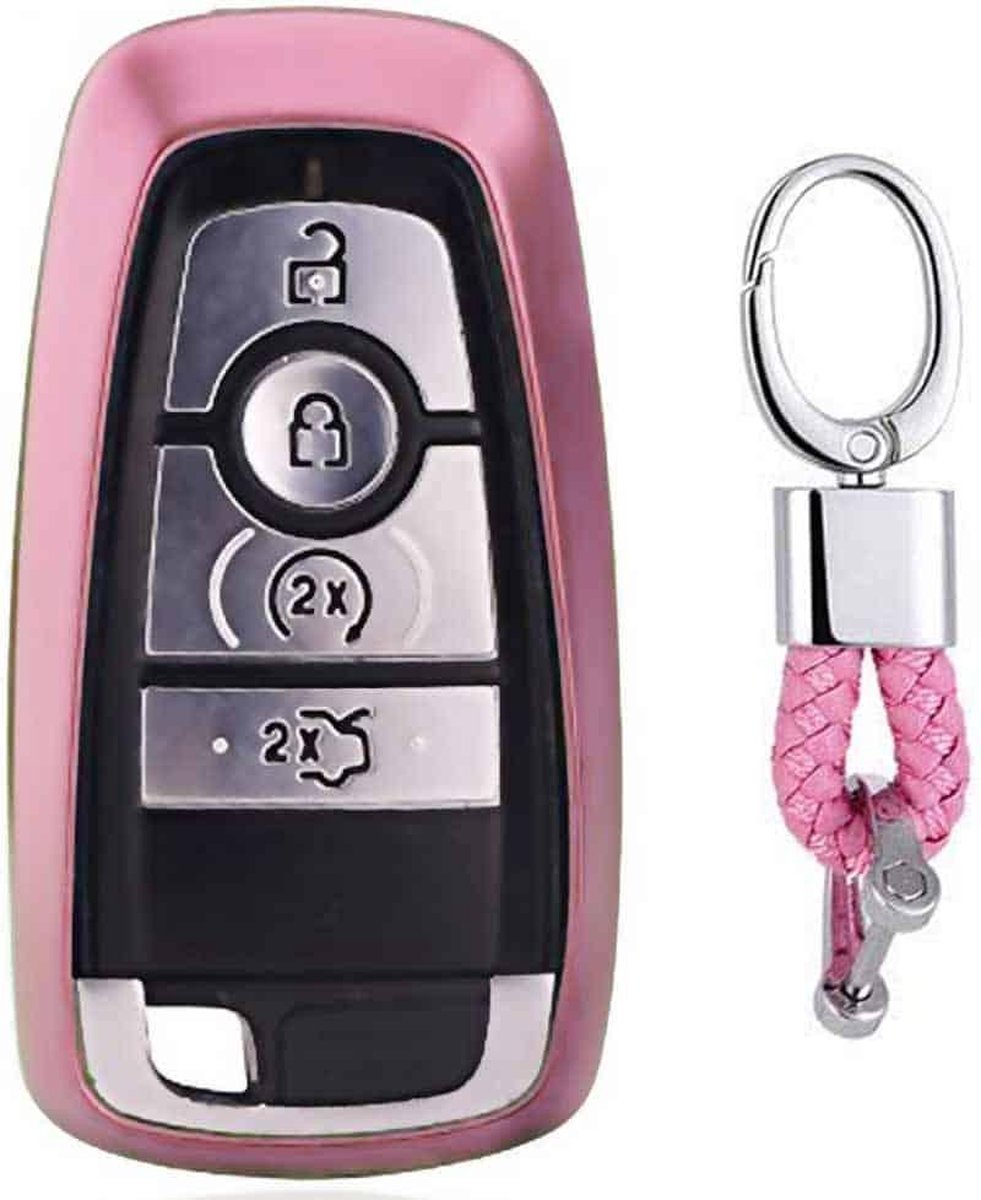 Galvaniserende TPU autosleutelbehuizing met enkele schaal en sleutelring voor Ford New Mondeo / New Explorer / New Edge (roze)